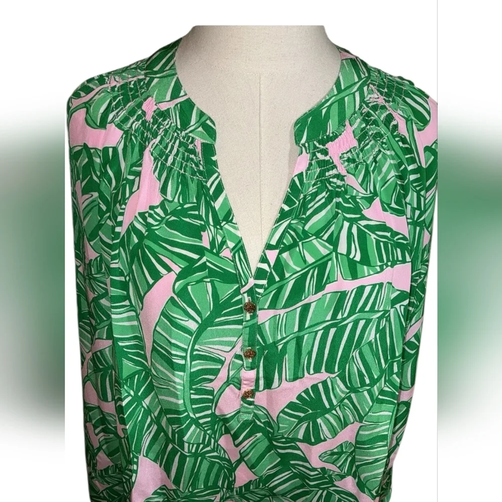 Lilly Pulitzer Elsa Silk Top Conch Shell Pink Lets Go Bananas Size LARGE - Picture 3 of 13